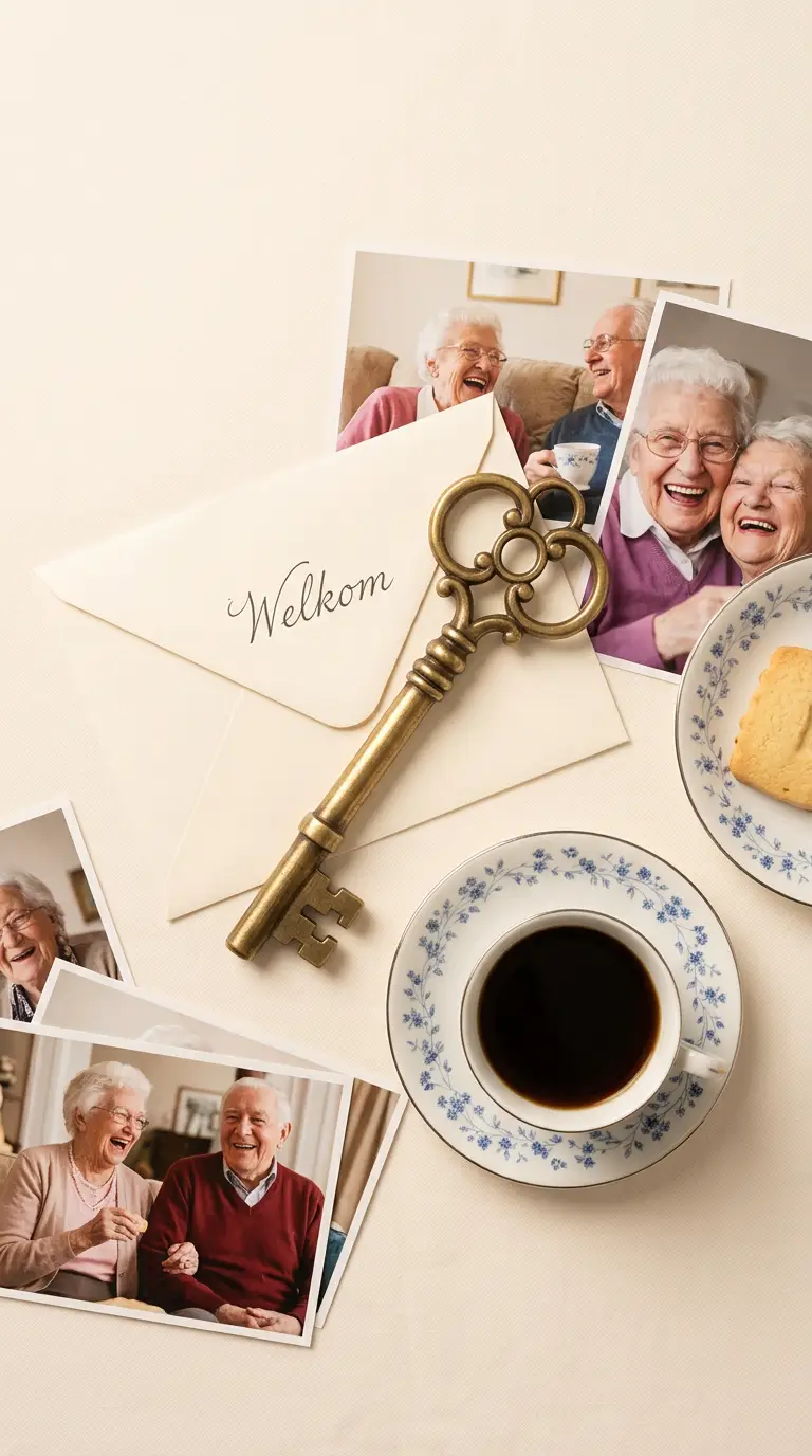 Welkom bij Hartverwarmers — foto's van lachende bewoners, een kopje koffie en een sleutel