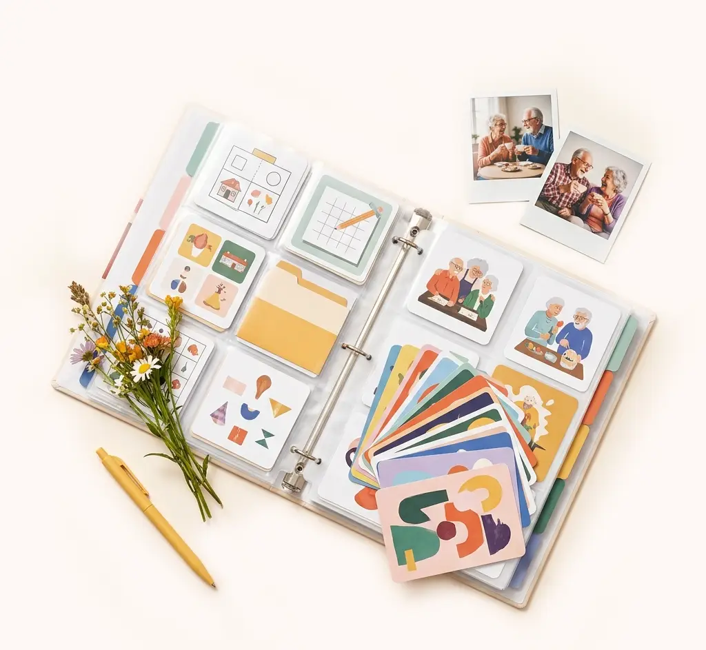 Een map vol kleurrijke fiches en activiteitenkaarten voor bewoners